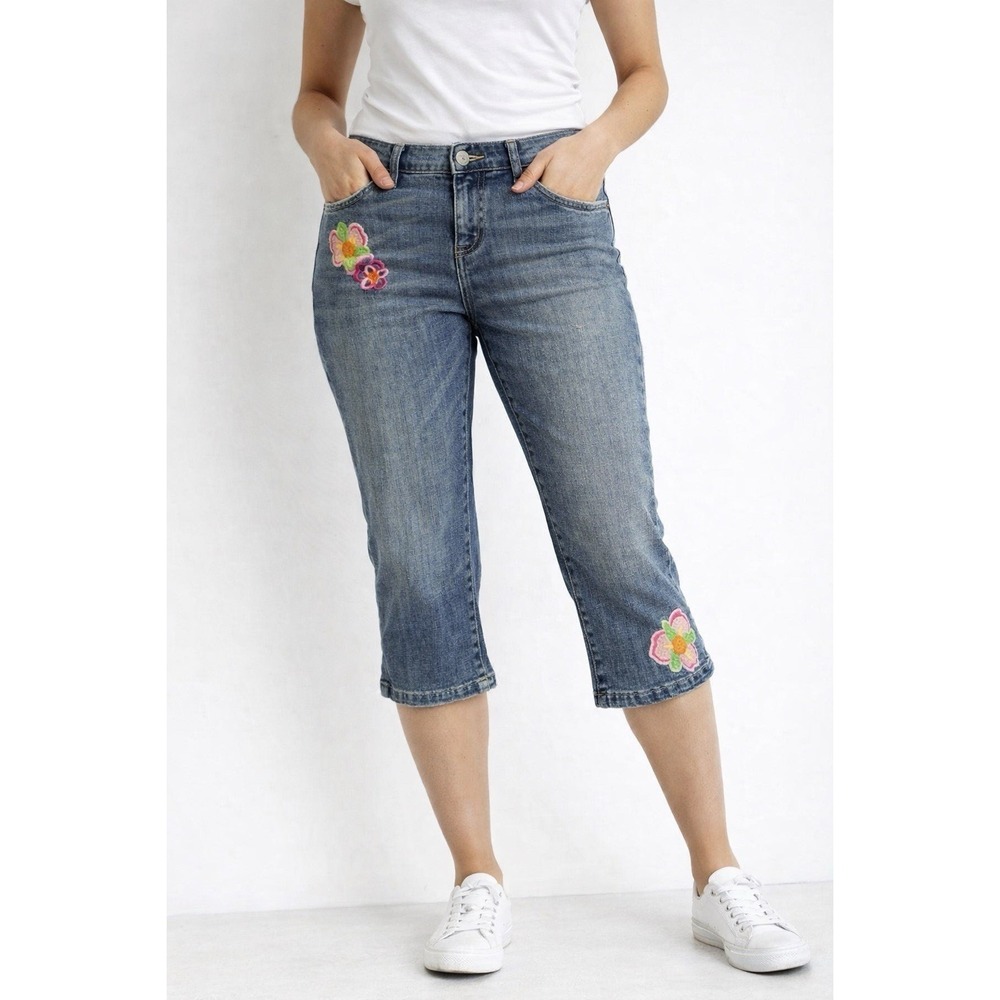 Tommy Hilfiger Jean Size 8 Women Blue Y2K Wide Straight Cropped Leg Flower Patch